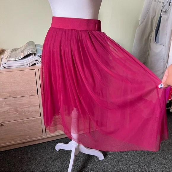 Maroon Red Layered Mesh Pleated Tutu High-Waist Modest Midi Knee-Length Skirt S - Picture 11 of 16